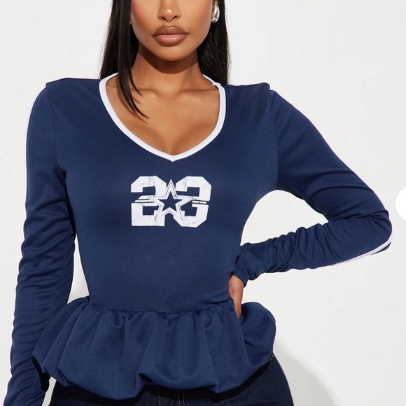 Fashion Nova Tops - Fashion Nova Blue and White Long Sleeve Peplum Bodysuit